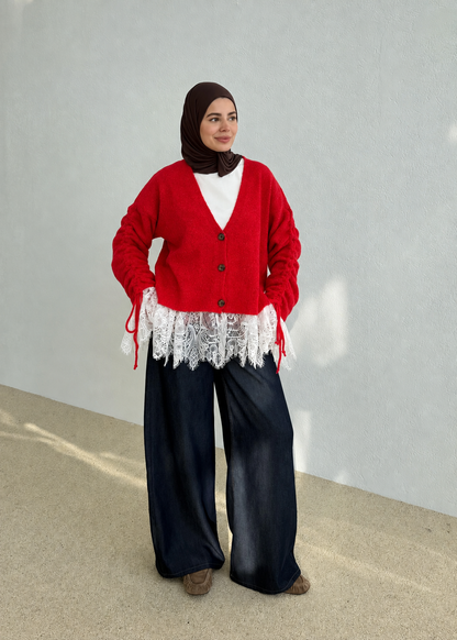 Premium Cardigan with Lace Trim - red