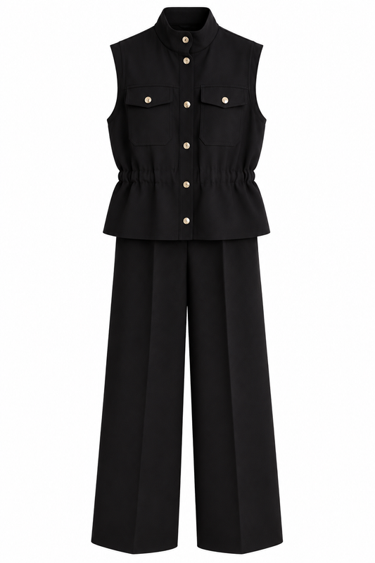 Stand-Up Collar Elastic Waist sleeveless Set - black
