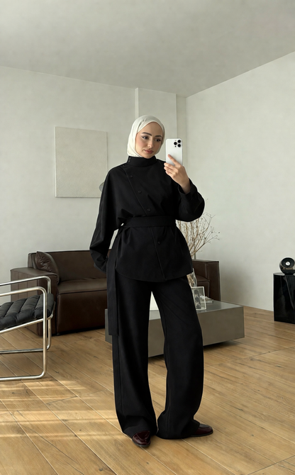 Belted side buttons shirt ,waistband straight leg trouser co-ord set-black