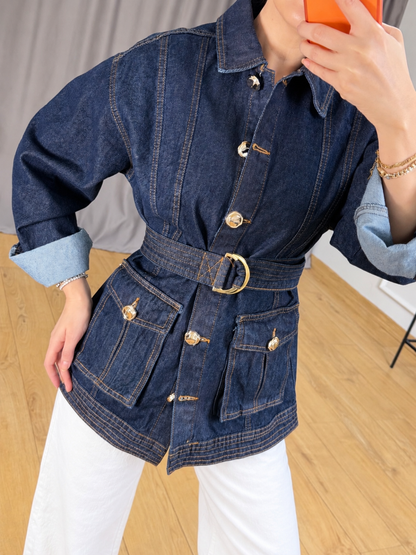 Gold buttons Belted jeans jacket