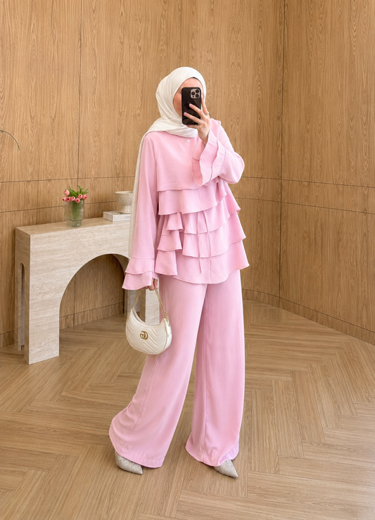 Layered blouse with ruffled sleeves co-ord set- pink