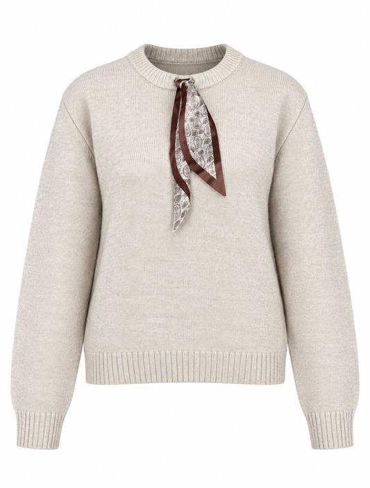Long Sleeve Sweater with Scarf Tie - beige