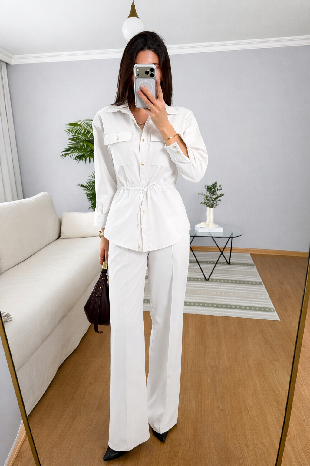 Double Pocket waistband shirt with gold buttons co-ord set