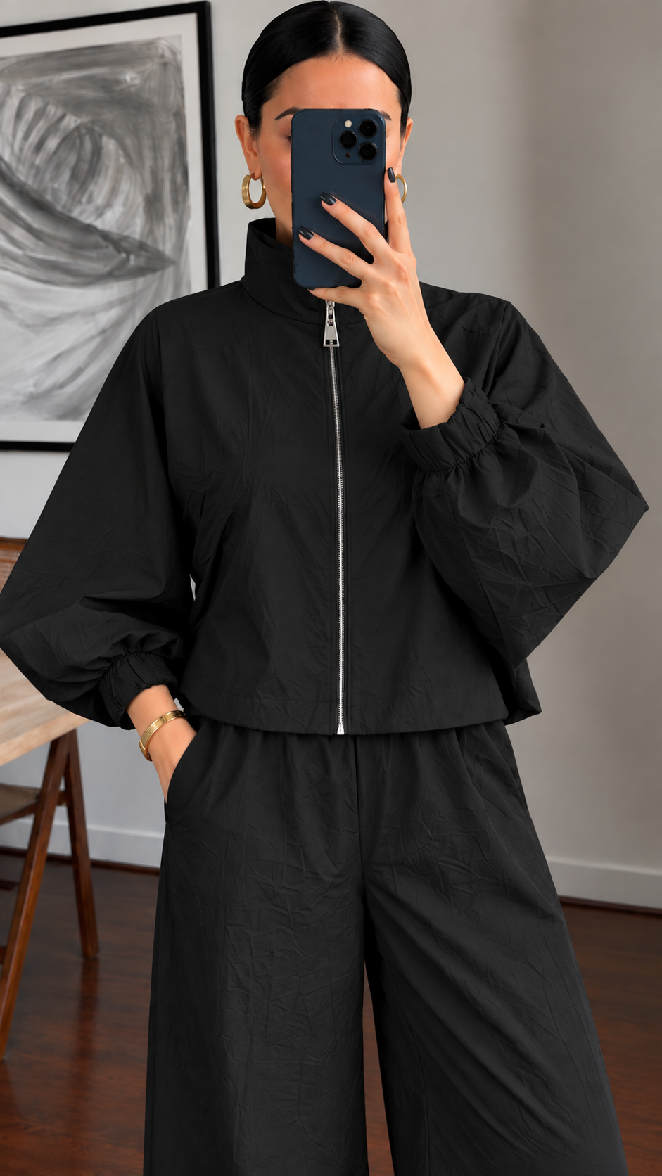 Parachute fabric wide sleeve tracksuit- black