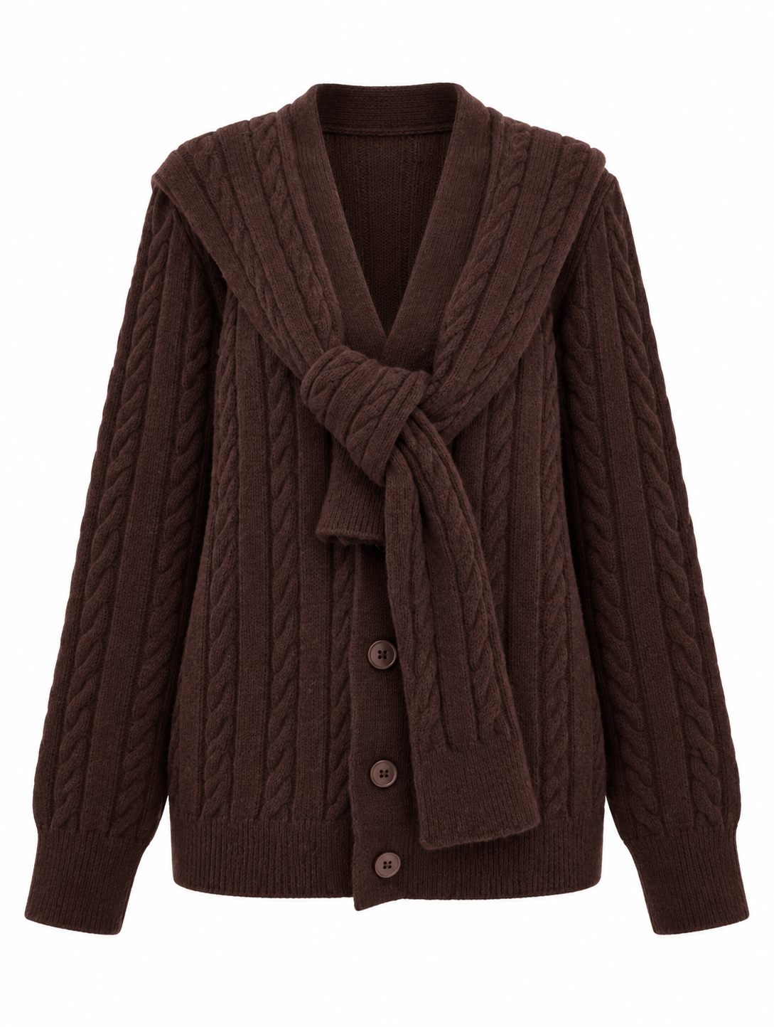 Wool Cardigan with attached scarf - brown