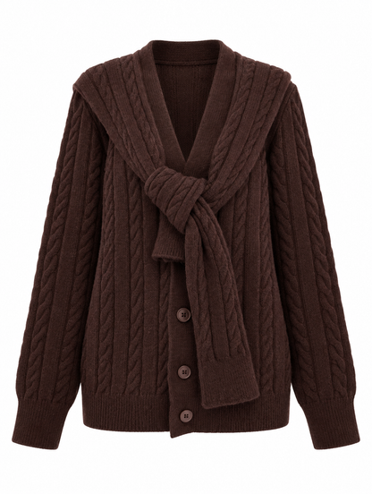 Wool Cardigan with attached scarf - brown