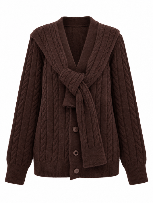 Wool Cardigan with attached scarf - brown