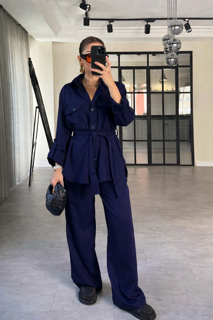 Belted Shirt with pocket ,roll-up sleeves ,elastic waistband straight leg pants co-ord set