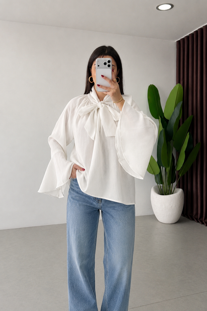 Bow-Neck Bell Sleeve Blouse