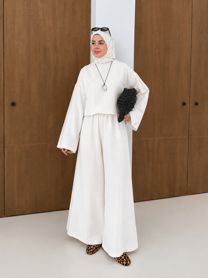 Linen Wide-Leg Blouse Set - white