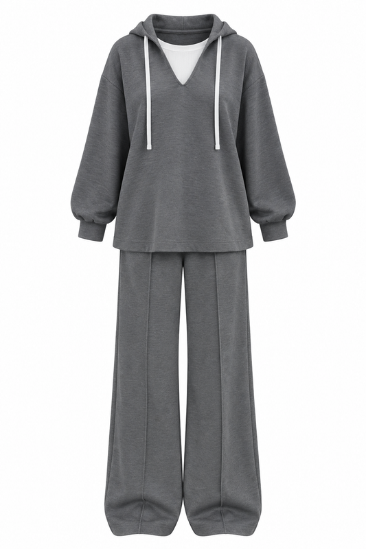 Grey V-Neck Hoodie cotton scuba Set