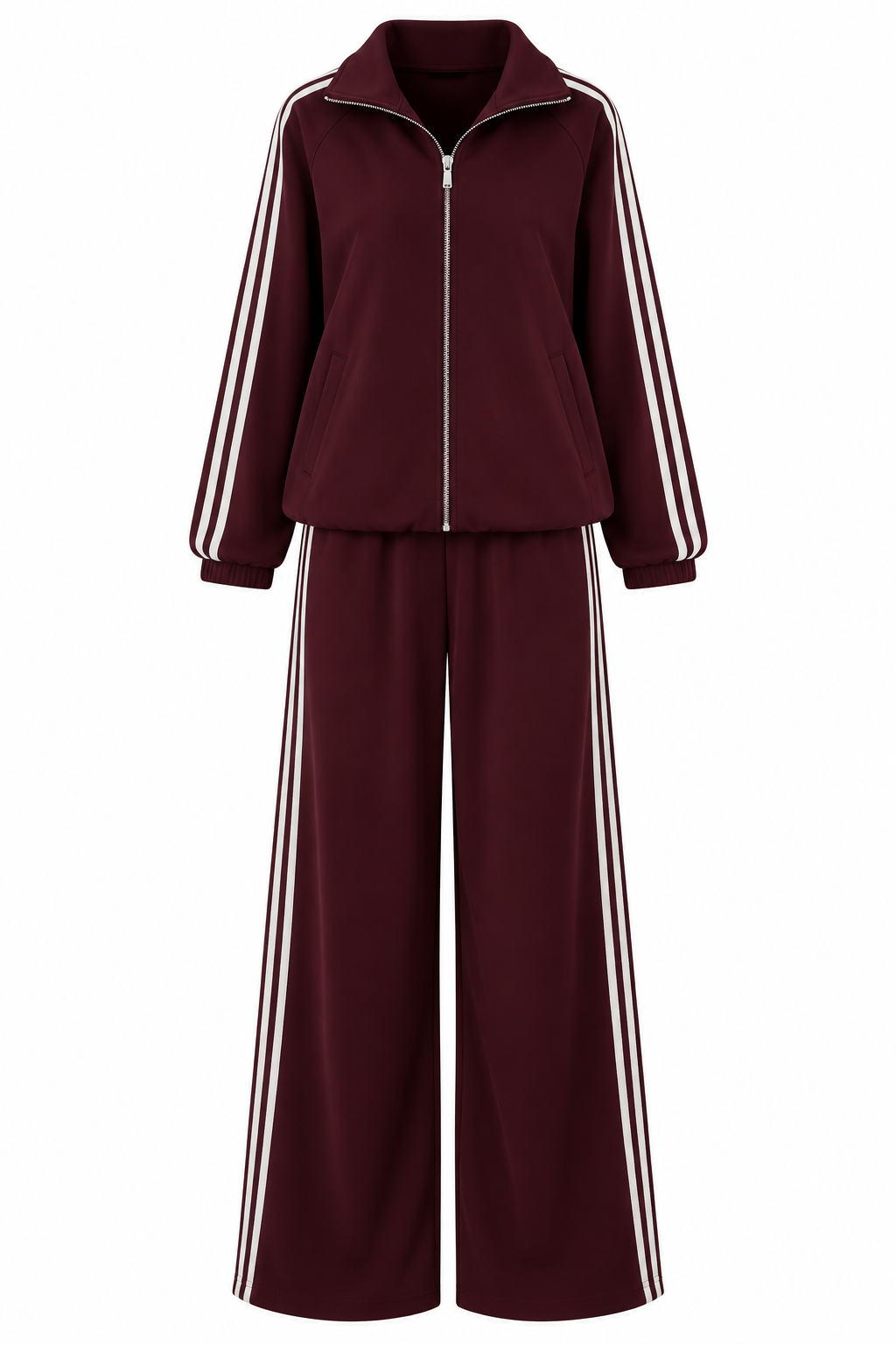 Zip-Up Tracksuit with White Side Stripes - burgundy