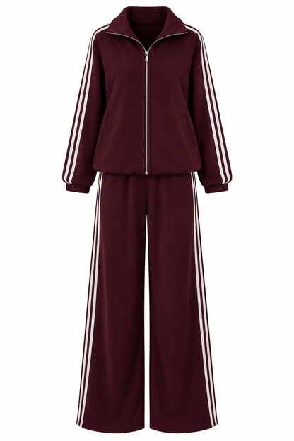 Zip-Up Tracksuit with White Side Stripes - burgundy