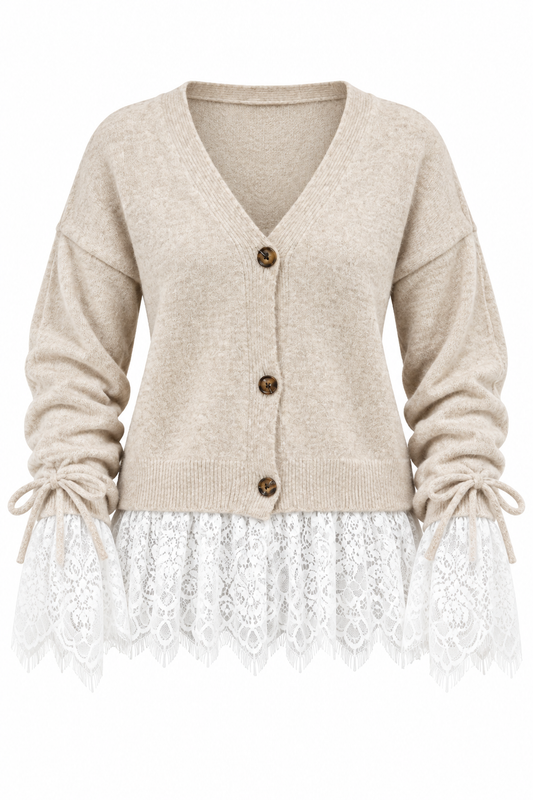 Premium Cardigan with Lace Trim - beige
