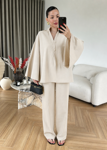 Wide sleeve blouse with waistband straight leg trouser linen set