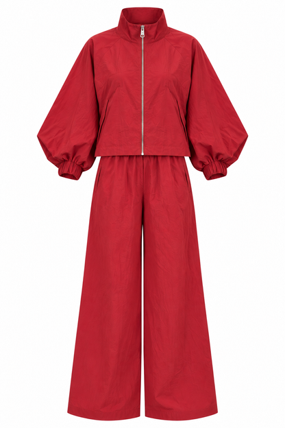 Parachute fabric wide sleeve tracksuit- red