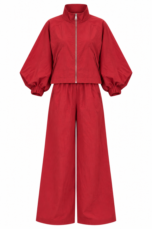 Parachute fabric wide sleeve tracksuit- red