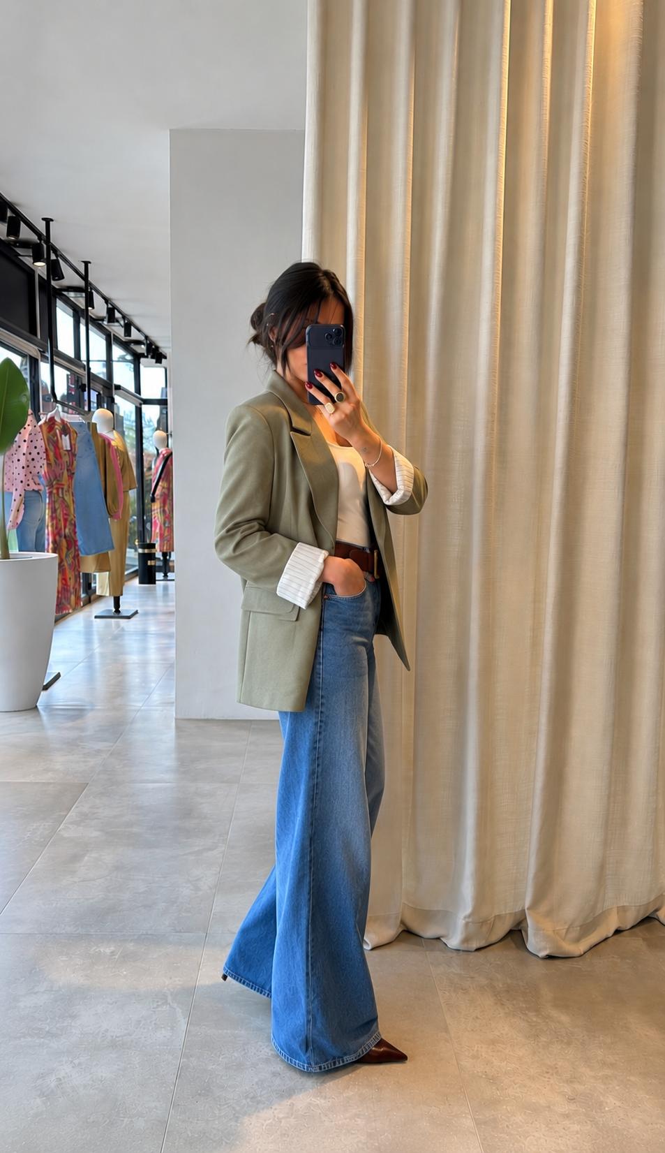 Oversized linen blazer with striped lining - olive green