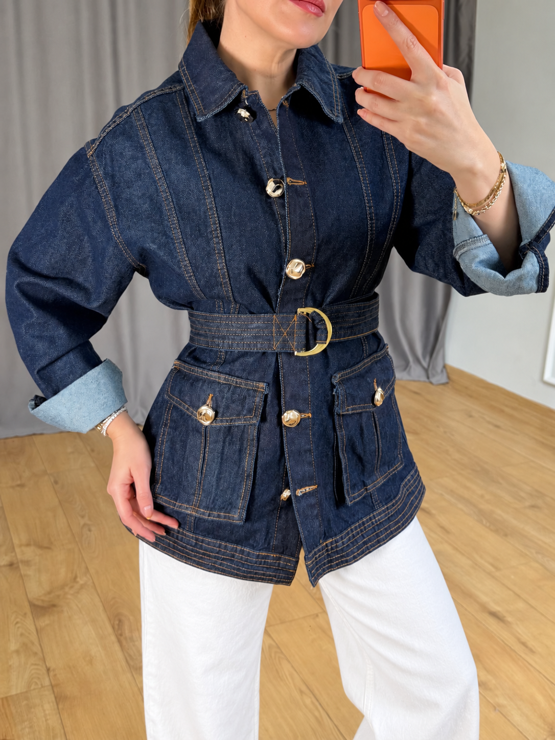 Gold buttons Belted jeans jacket