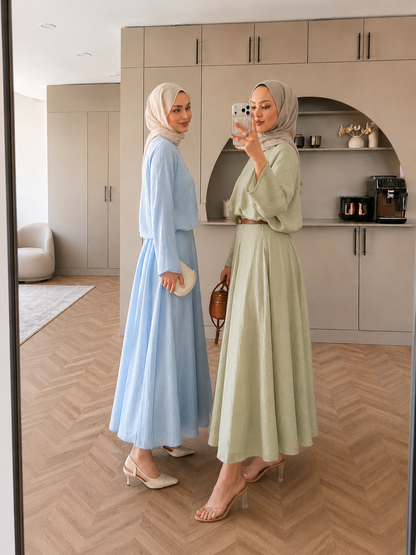 Layered blouse with maxi skirt, fully lined set - green