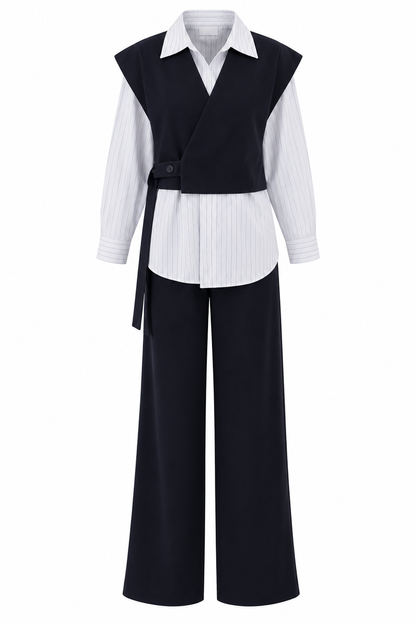 Vest with attached Shirt,waistband straight leg trouser co-ord Set
