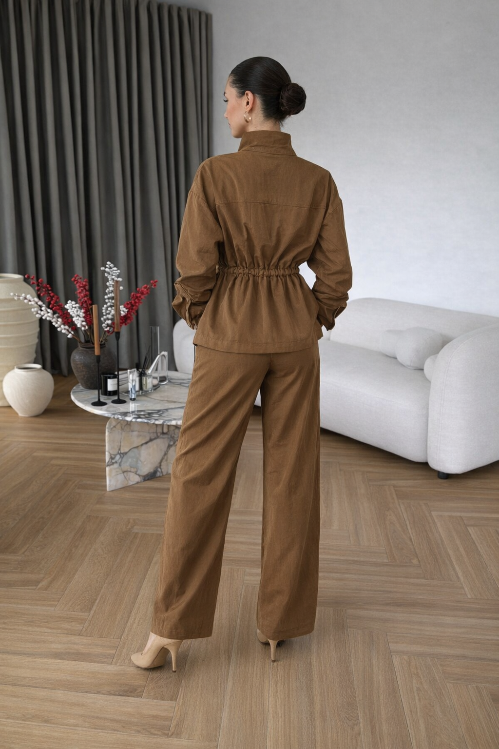 Safari jacket with drawstring High-waisted pants with a wide elastic Two-Piece Set