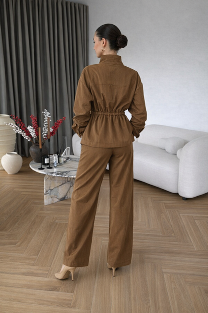 Safari jacket with drawstring High-waisted pants with a wide elastic Two-Piece Set