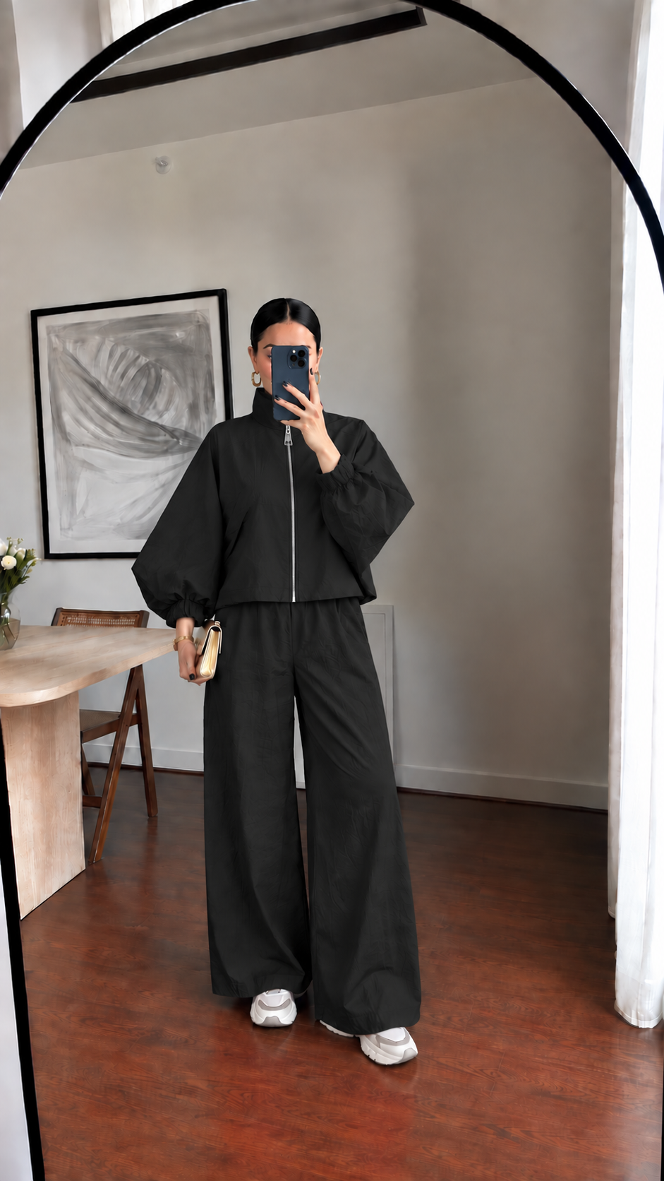 Parachute fabric wide sleeve tracksuit- black