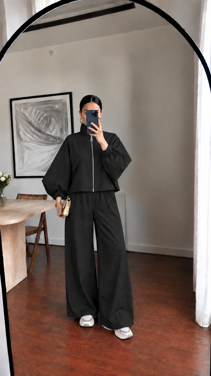 Parachute fabric wide sleeve tracksuit- black