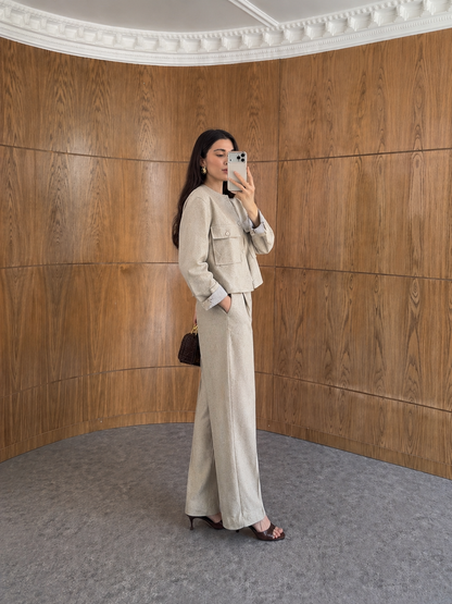 ZR model linen jacket with striped sleeve lining,mom fit trouser co-ord set