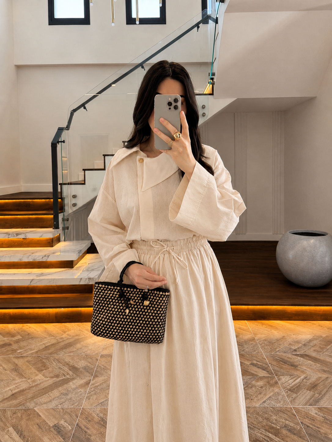 Asymmetric Collar with skirt set - beige