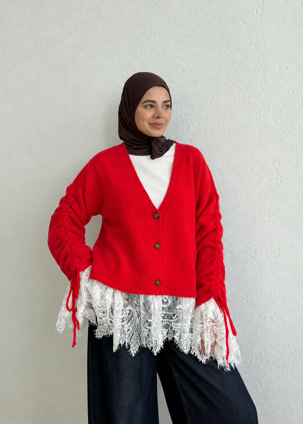 Premium Cardigan with Lace Trim - red