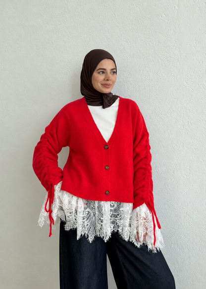 Premium Cardigan with Lace Trim - red