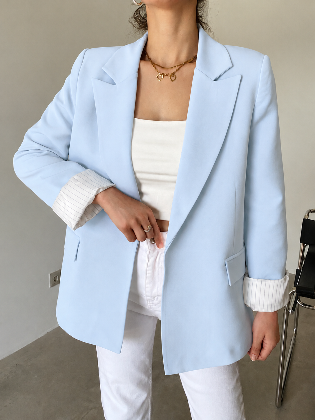 Oversized linen blazer with striped lining - baby blue