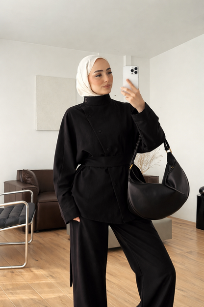 Belted side buttons shirt ,waistband straight leg trouser co-ord set-black