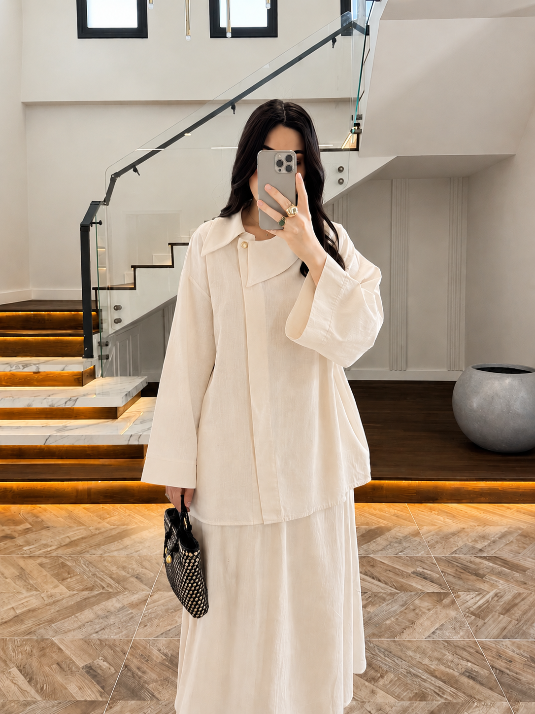 Asymmetric Collar with skirt set - beige