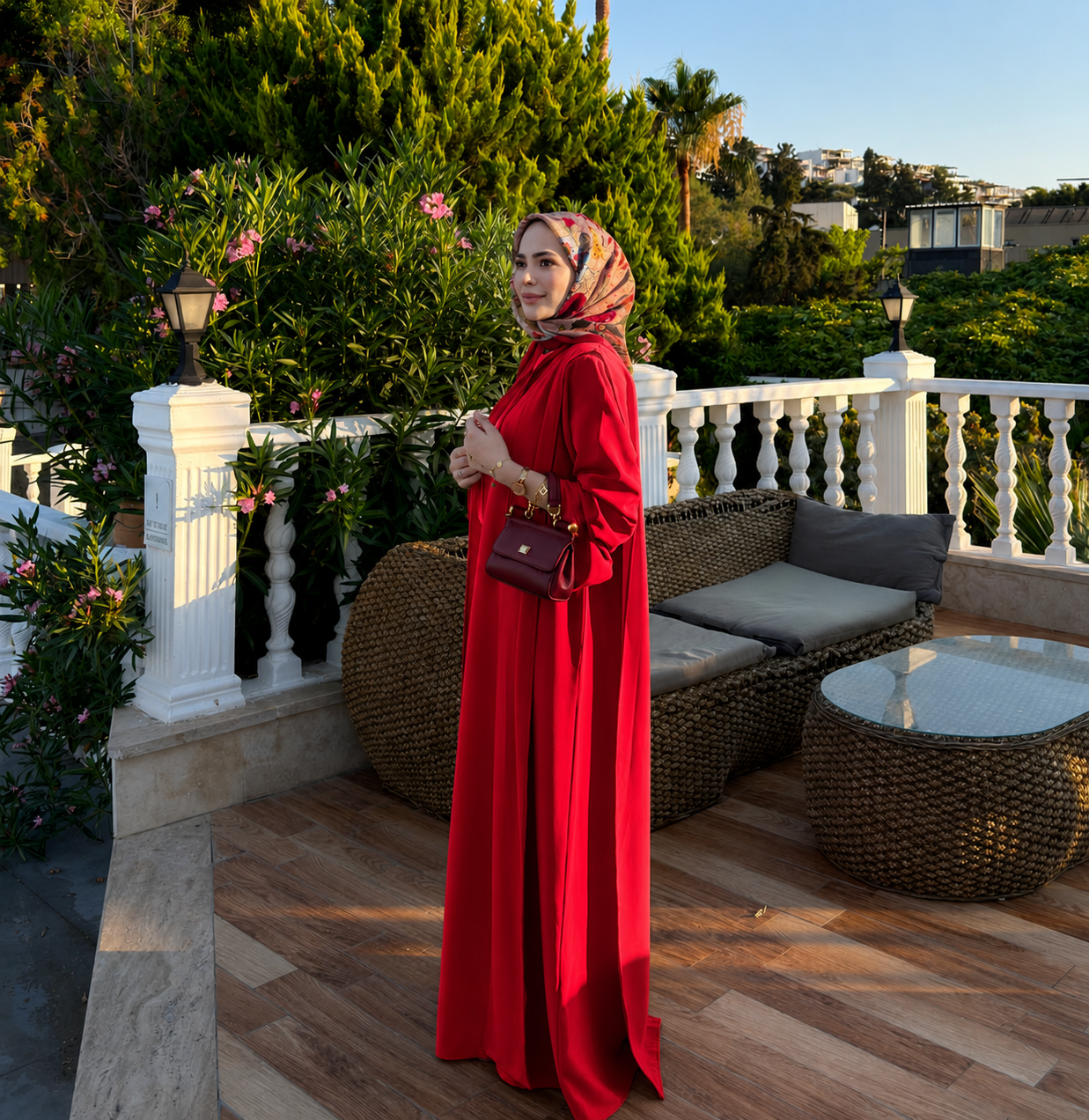 Long jacket with tie details, waistband wide leg trouser co-ord set -red