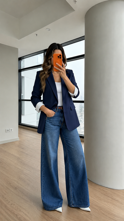 oversized linen blazer with striped lining - navy blue