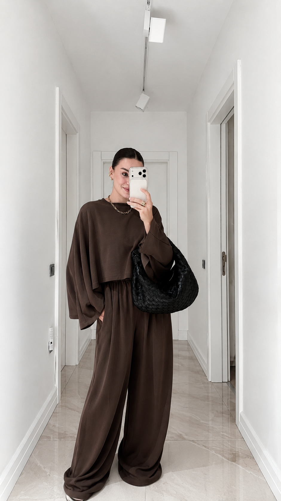 Cropped blouse Batwing Sleeve Detail Trousers Set - brown