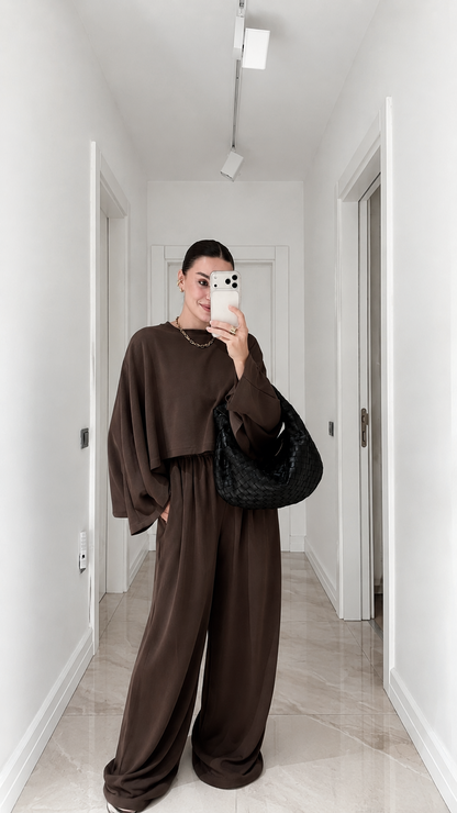 Cropped blouse Batwing Sleeve Detail Trousers Set - brown