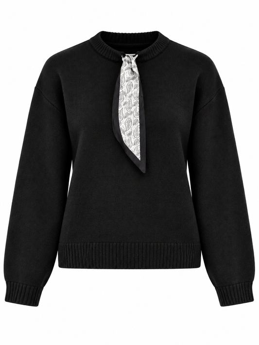 Long Sleeve Sweater with Scarf Tie - Black