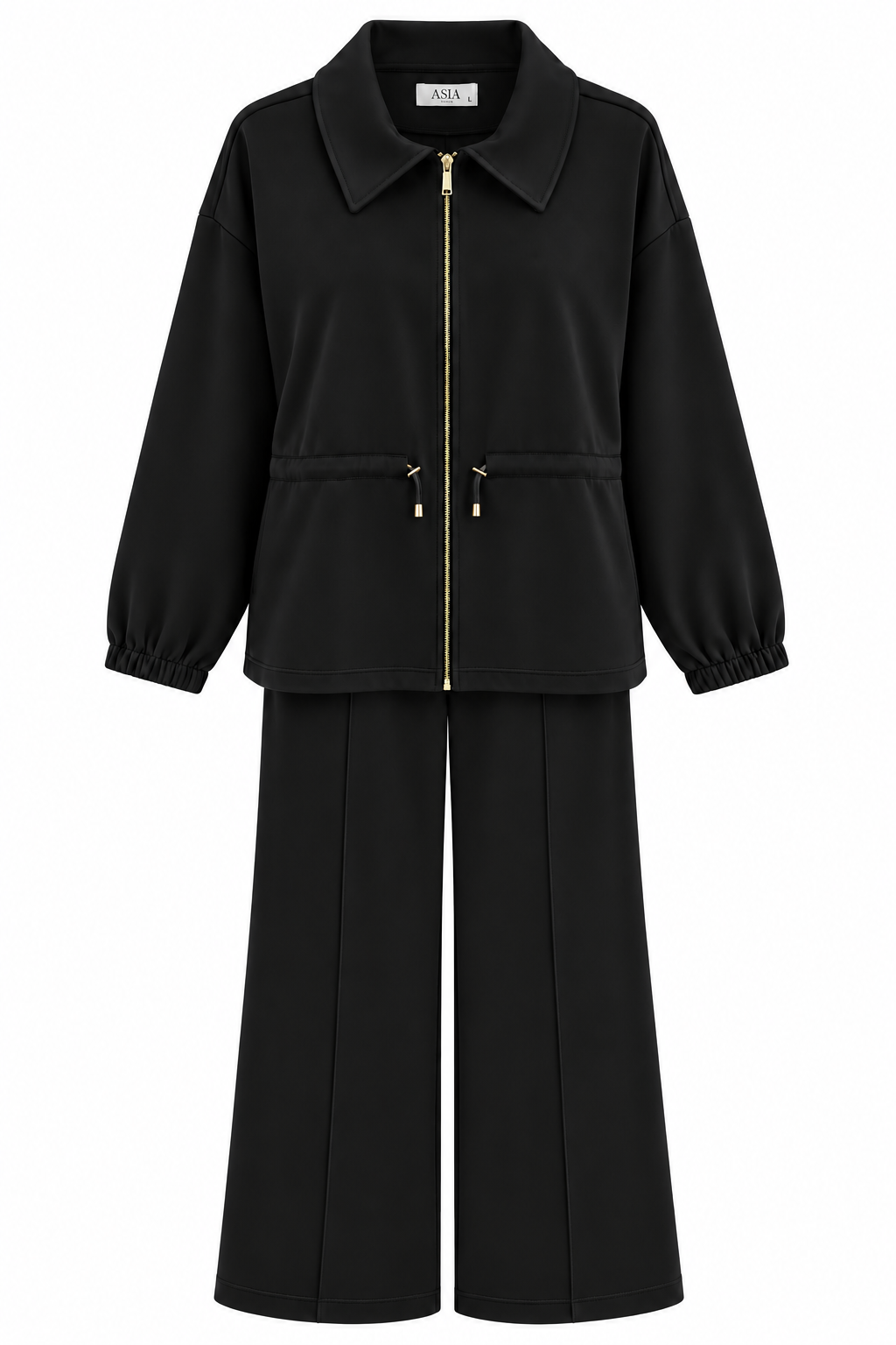 Collared Jacket with Drawstring Waist. Wide leg trouser modal fabric tracksuit - black