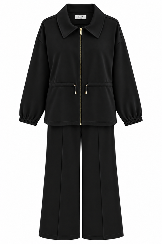 Collared Jacket with Drawstring Waist. Wide leg trouser modal fabric tracksuit - black