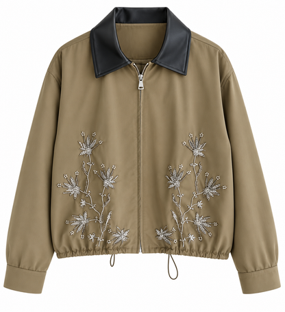 Embroidered Leather Collar Parka Jacket - KHAKI