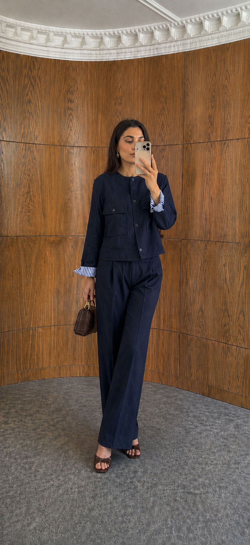 ZR model linen jacket with striped sleeve lining,mom fit trouser co-ord set
