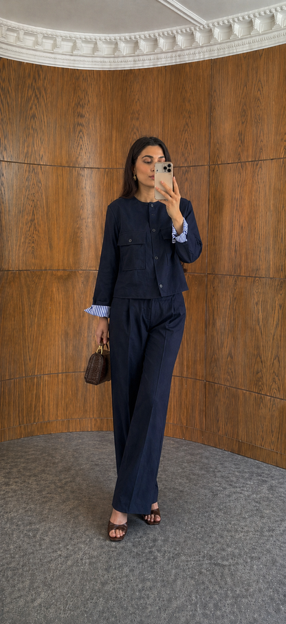 ZR model linen jacket with striped sleeve lining,mom fit trouser co-ord set
