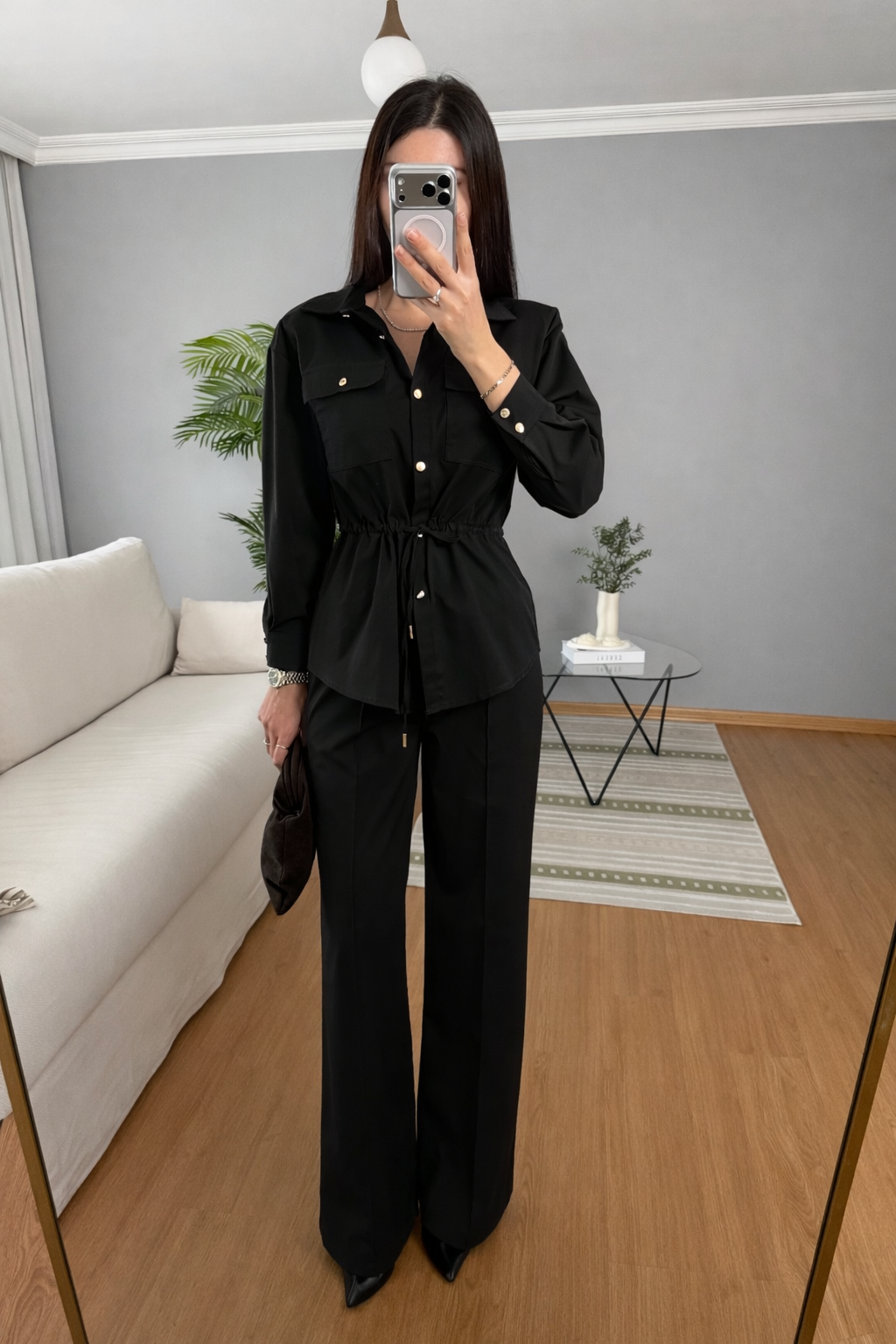 Double Pocket waistband shirt with gold buttons co-ord set