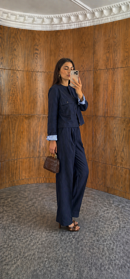 ZR model linen jacket with striped sleeve lining,mom fit trouser co-ord set