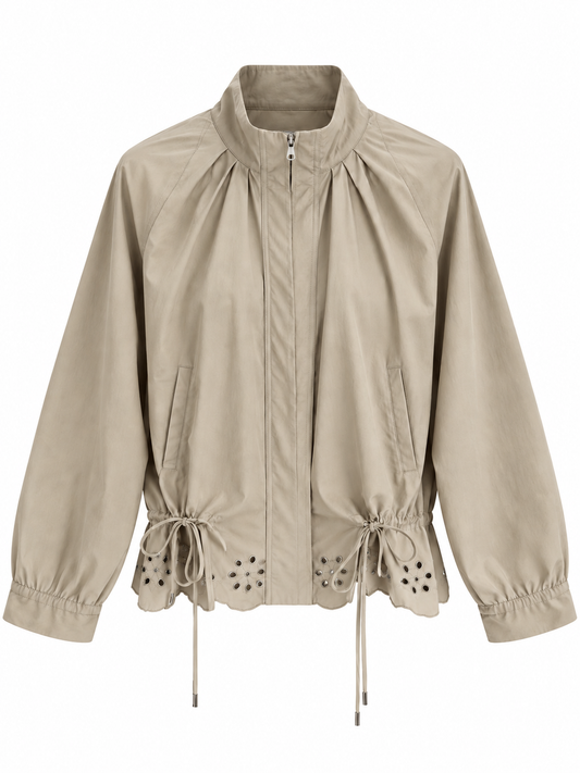 Jacket with Gathered Bottom  cutwork Embroidered Hem