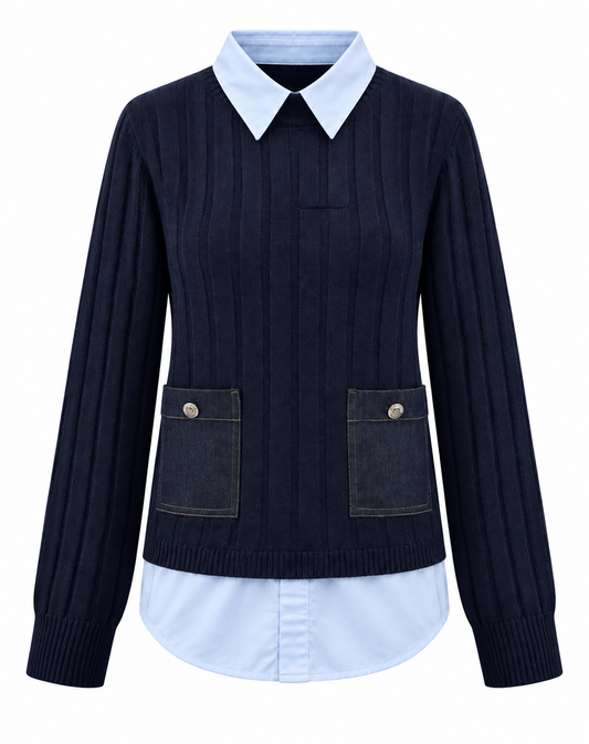 Navy blue knitwear with shirt details